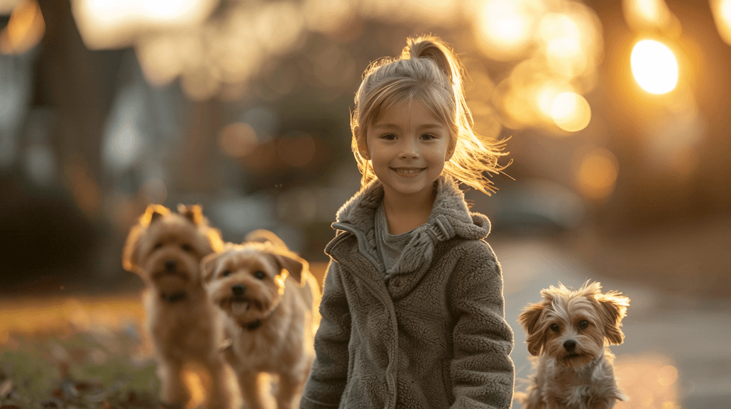 девочка выгуливает собак